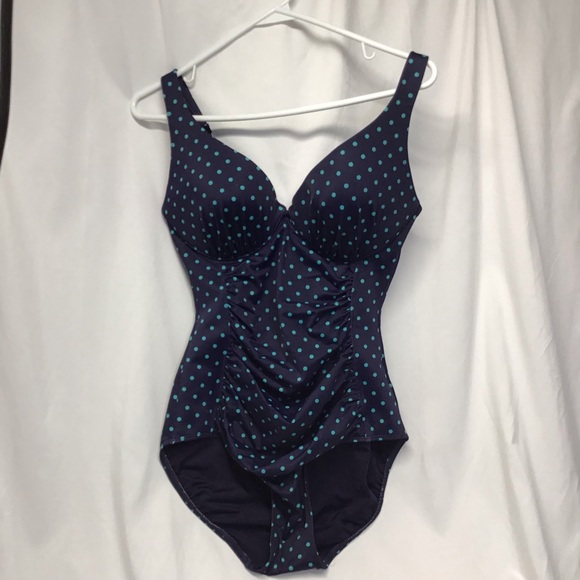 Spanx swimsuit one piece rouched sides navy blue with teal polka dots size 12 - Picture 1 of 7